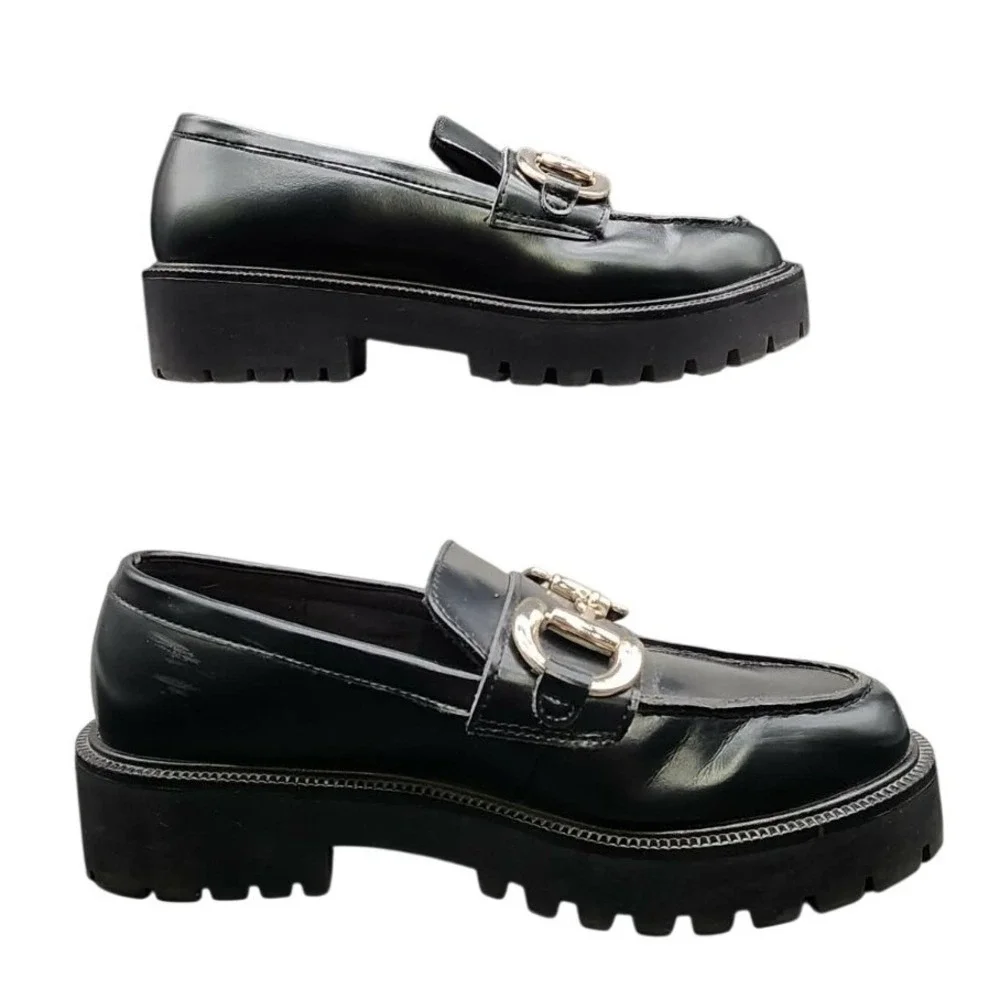 H&M Chunky‎ Platform Horsebit Loafers Black Women Size 6.5 Lug Sole Bit Detail